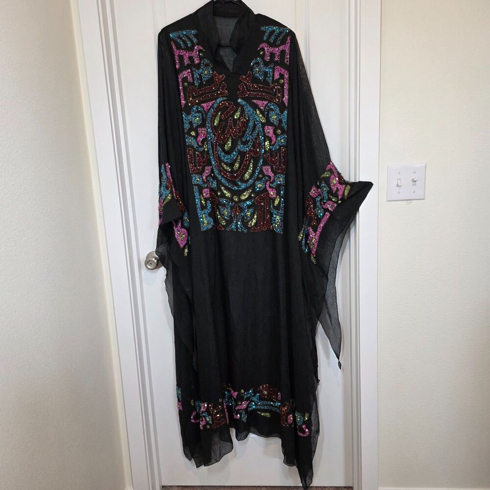 Beaded Kaftan Maxi Dress One Size Fits Large Sheer Sequin Hashmi Abaya Kimono